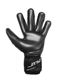 Guanto da portiere nero con dita imbottite, cinturino da polso testurizzato con etichetta "Attrakt Finger Support" e nome del marchio "Reusch" visibile.