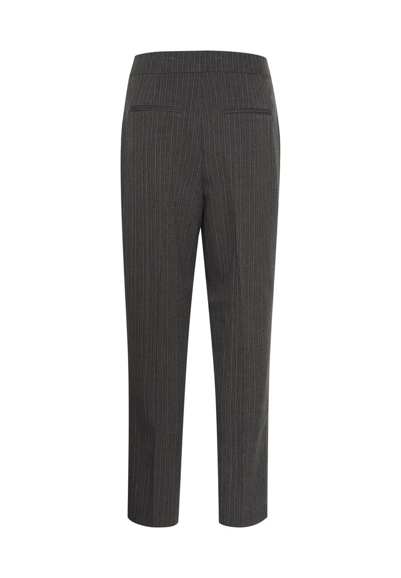 Pantalons gris à rayures fines avec une texture lisse, présentant un design à jambes droites, une taille et deux poches arrière.