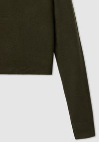 Oliwkowy krótkoterminowy sweter o gładkiej fakturze, ze ściągaczami na rękawach i u dołu. Długie rękawy o dopasowanym kroju i minimalistycznym stylu.