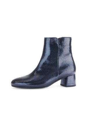 Navy blue ankle boot with a textured, shiny surface, pointed toe, and a chunky square heel. Sleek design with a mid-height shaft.