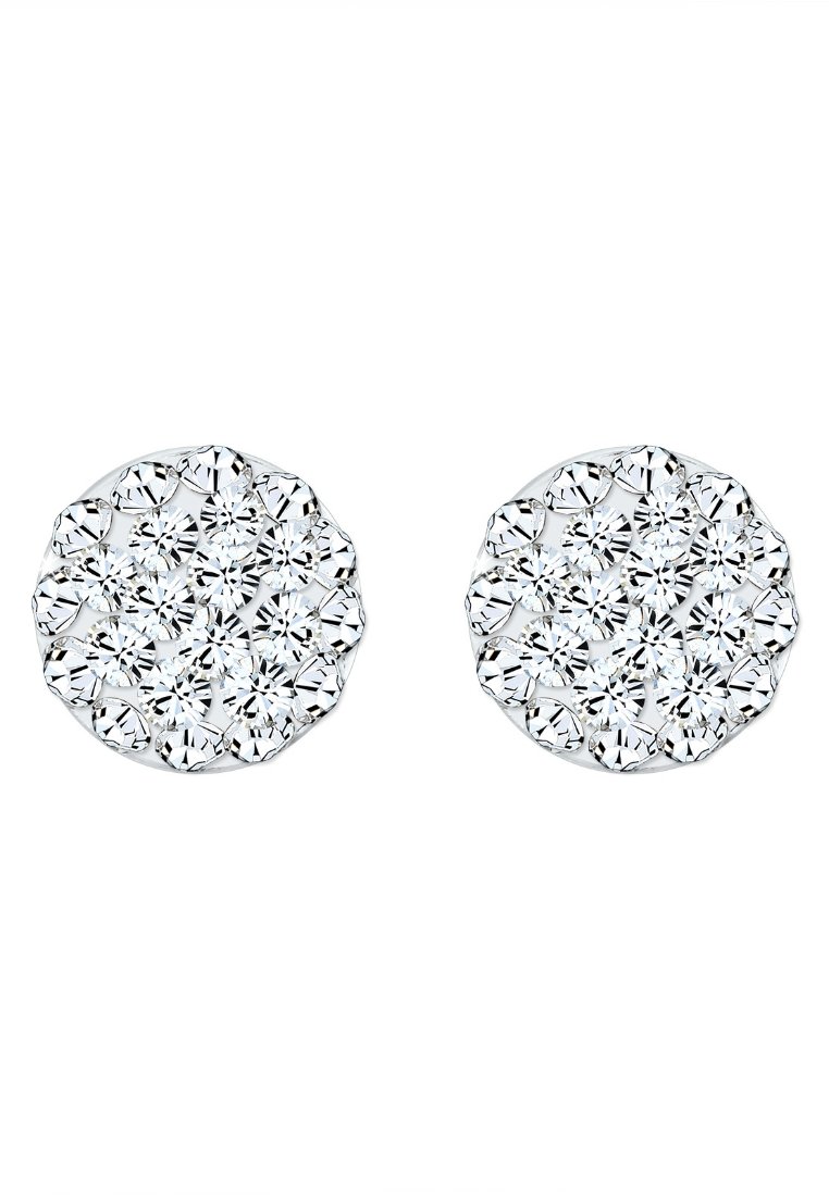 Boucles d'oreilles rondes ornées de nombreux strass clairs et scintillants, montés dans un réglage argenté poli, mettant en valeur un design de surface texturé.