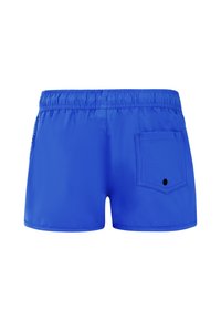 Blauwe zwemshorts van sneldrogend materiaal, voorzien van een elastische tailleband, zijzak en een achterzak met een zwarte knoopdetail.