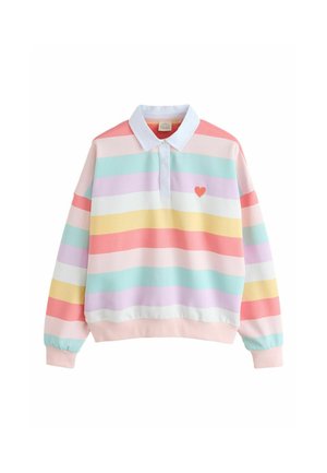 Long-sleeve pullover with white collar, pastel horizontal stripes in pink, blue, yellow, purple, and a small red heart on the chest.