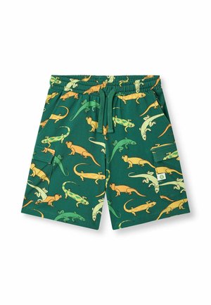 Grüne Kinder-Shorts mit elastischem Bund und Kordelzug, verziert mit einem mehrfarbigen Echsenmuster und seitlichen Cargo-Taschen.