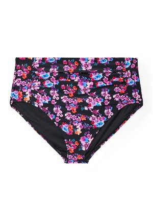 Bas de bikini noir taille haute avec un imprimé floral rose, violet, bleu et rouge vif et des détails froncés à l'avant.