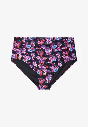 Černé bikiny s vysokým pasem s živým růžovým, fialovým, modrým a červeným květinovým potiskem a nařasenými detaily vpředu.