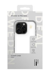 Clear case for iPhone 16 Pro Max, featuring transparent design, durable plastic material, and minimalistic packaging with recycling symbols.