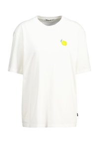 White cotton t-shirt with short sleeves, a crew neckline, featuring a small yellow lemon graphic on the left chest area.