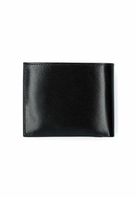 Czarny skórzany portfel składany o gładkiej fakturze, kompaktowym kształcie, stonowanym wykończeniu i czystych krawędziach. Nie ma widocznych elementów metalowych ani ozdób.