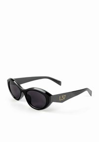 Black sunglasses with oval lenses and glossy finish. Features a prominent "L37" logo in gold on the side. Sleek, curved design.