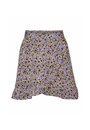 Blomster nederdel med et lilla, gult og sort mønster, flæset kant og elastisk talje for komfort. Længden når midt på låret.