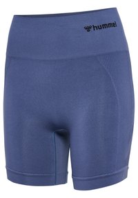 Blå sportshorts med en bred, slät midja. Tillverkade av elastiskt tyg med en strukturerad mönstring och längd ovanför knäet. Logotyp synlig.