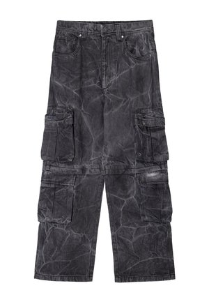 Cargo bukser i mørkegrå denim med en marmorering. Har flere sidelommer og kontrasterende syninger. Bred ben-design.