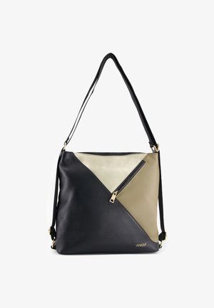 Sac à main en cuir noir, beige et doré métallique avec un design géométrique, bandoulière réglable et poche zippée à l'avant. Accents en matériel doré.