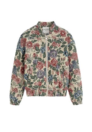 Veste zippée à motifs floraux avec des fleurs rouges, bleues et violettes sur fond beige, Dotée de poignets et d'un ourlet élastiques.