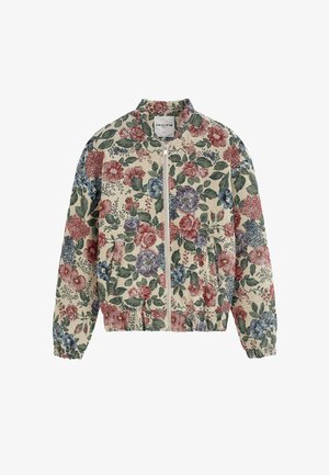Veste zippée à motifs floraux avec des fleurs rouges, bleues et violettes sur fond beige, Dotée de poignets et d'un ourlet élastiques.