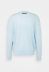 Maglione oversize blu chiaro con maniche lunghe, polsini e orlo a coste, texture morbida e design minimalista, presentato da dietro.