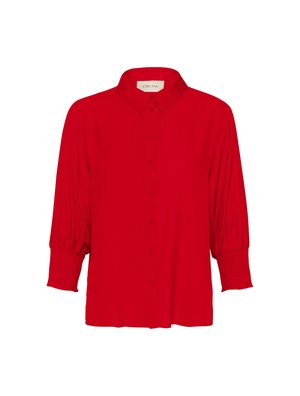 Rote Bluse mit Knopfverschluss, Kragen, langen Puffärmeln und gerafften Manschetten, aus glattem Stoff. Sie hat einen lässigen Schnitt und ein elegantes Design.