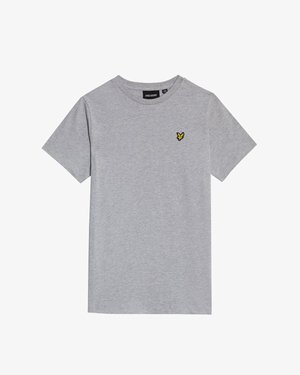 Tricou de culoare gri deschis, cu mâneci scurte și guler rotund, cu un mic logo cu pasăre galbenă și neagră pe pieptul stâng, de la Lyle & Scott.