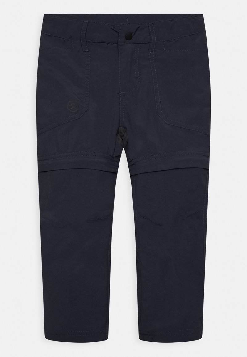 Tmavoplave hlače s glatkom teksturom, s prednjim džepovima i ojačanim šavovima za veću izdržljivost.