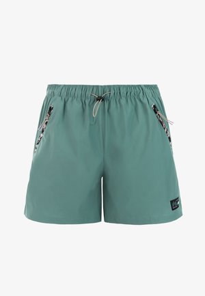 Turkoois zwemshort met elastische tailleband, verstelbare trekkoord, ritszakken aan de zijkant met een patroonrand en een klein zwart embleem op het been.