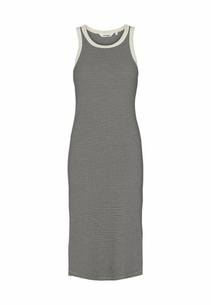 Vestido sin mangas, ajustado, en rayas horizontales blancas y negras. Tejido suave con un escote redondeado y longitud hasta la mitad de la pantorrilla.