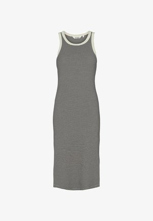 Vestido sin mangas, ajustado, en rayas horizontales blancas y negras. Tejido suave con un escote redondeado y longitud hasta la mitad de la pantorrilla.