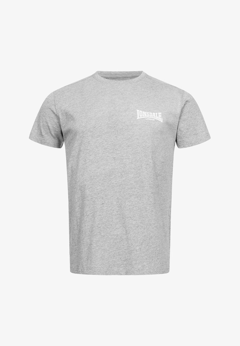 Graues Baumwoll-T-Shirt mit Rundhalsausschnitt, kurzen Ärmeln und einem weißen "Lonsdale London"-Logo auf der linken Brust. Keine Muster oder Akzente.
