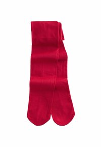 Red tights made of smooth fabric, featuring a solid color without patterns. The shape is long and slender, with a rounded toe.
