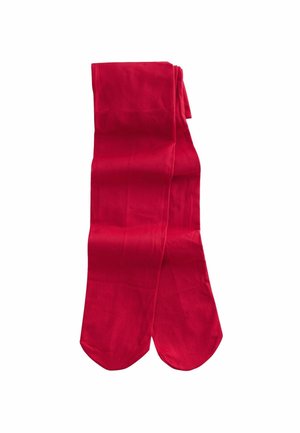 Rote Strumpfhosen aus glattem Stoff, in einer einheitlichen Farbe ohne Muster. Die Form ist lang und schlank, mit einer abgerundeten Zehenpartie.