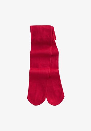 Collants rouges en tissu lisse, de couleur unie sans motifs. La forme est longue et élancée, avec un bout arrondi.