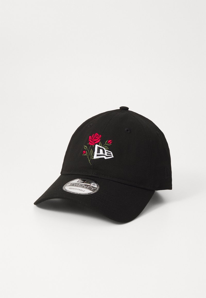 Black cap with an embroidered rose design. Features adjustable strap and rounded crown. Made of fabric with a smooth texture.