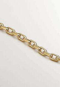Cadena de metal dorado con eslabones alargados y un acabado liso y brillante. El diseño se compone de secciones alternas planas y redondeadas.