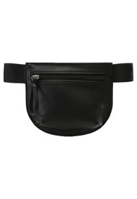 Musta nahkainen vyölaukku, jossa sileä pinta, pyöreä muoto ja yksi vetoketjullinen tasku. Mukana kestävä, säädettävä hihna.