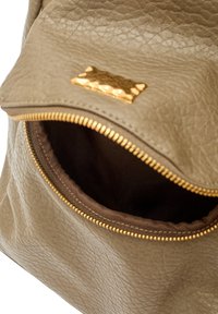 Olivově zelený kožený batoh se striktní siluetou, se zlatým zipem a strukturovaným povrchem. Hnědá látková podšívka je viditelná uvnitř.