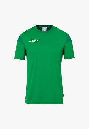 Grøn sportstrøje lavet af letvægtsstof med korte ærmer. Har mørkegrønne detaljer på skuldrene og "uhlsport" logoet på brystet.