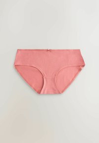 Culotte femme hipster en coton rose pâle avec un petit détail de nœud à la taille, posée à plat sur une surface claire.