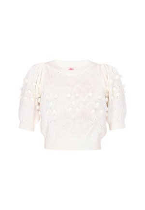 Biely pletený sveter s textúrovaným vzorom, krátkymi puff rukávmi a dekoračnými pom-pommi po celom povrchu. Rífľovaný spodný lem a okrúhly výstrih.