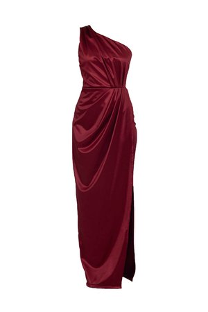 Bordeaux satijnen jurk met één schouder, gedrapeerde details, slanke silhouet en een hoge zijsplit voor een elegante uitstraling.