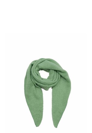 Soft, textured light green scarf folded and looped to form a loose knot with pointed ends against a white background.