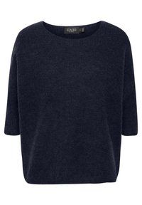 Dunkelblaues Strickpullover, kastige Form, runder Ausschnitt und kurze Ärmel. Weiche Textur, minimalistische Details, geeignet für legere Outfits.