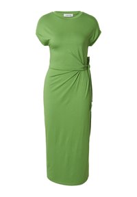 Grünes, knielanges Kleid aus weichem Stoff mit kurzen Ärmeln, Rundhalsausschnitt, einem verdrehten Knoten-Detail in der Taille und einer taillierten Silhouette.