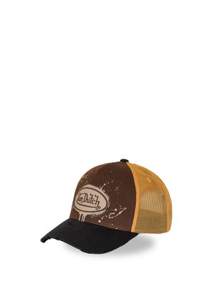 Braune und gelbe Netz-Von-Dutch-Baseballkappe mit abgenutztem schwarzem Schirm und verwaschenem Logo auf der Vorderseite.