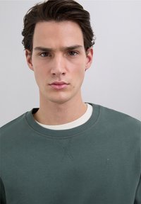 Felpa verde in cotone con scollo girocollo a coste, dettagli di cuciture sottili e logo in rilievo sul petto. Texture liscia.