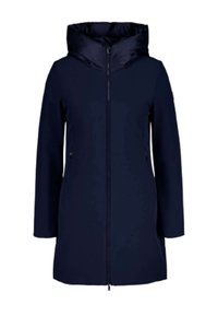 Veste bleu marine avec une capuche rembourrée, fermeture éclair intégrale à l'avant, manches longues et poches latérales. Fabriquée en matériau lisse et léger.