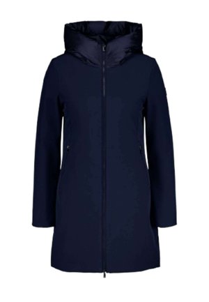 Marineblauwe jas met een gevoerde capuchon, volledige rits aan de voorkant, lange mouwen en zijzakken. Gemaakt van lichtgewicht, glad materiaal.