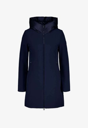 Marineblauwe jas met een gevoerde capuchon, volledige rits aan de voorkant, lange mouwen en zijzakken. Gemaakt van lichtgewicht, glad materiaal.