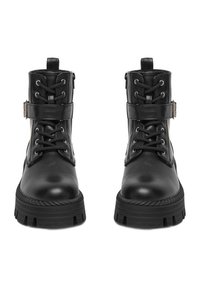 Czarne skórzane botki za kostkę z okrągłym noskiem, sznurowaniem z przodu, detalem klamry z boku i grubą, teksturowaną podeszwą. Gładka powierzchnia z akcentami w postaci przeszyć.