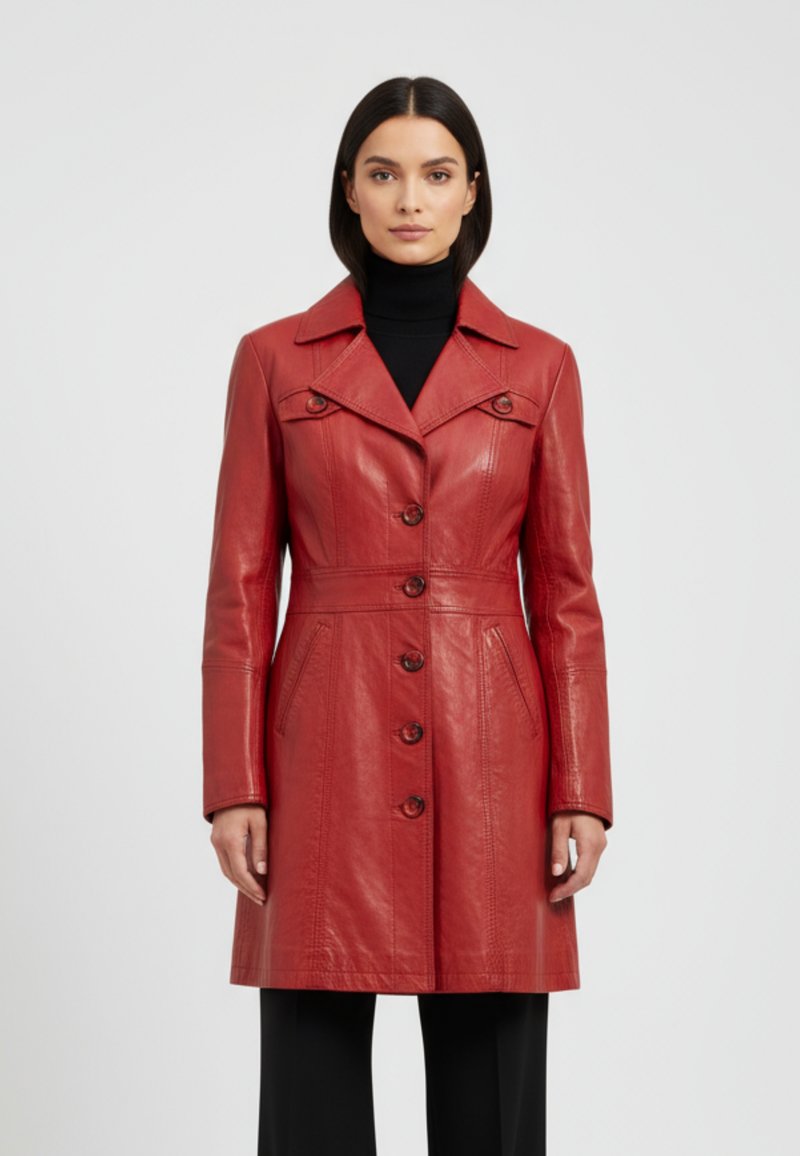 Red leather coat with a collared neckline, button front, and two side pockets. Features stitched detailing and a fitted silhouette.