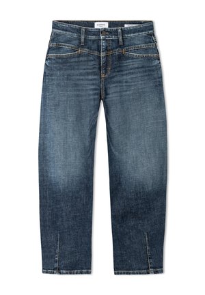 Dunkelblaue Denim-Jeans mit Vordertaschen, Gürtelschlaufen, Knopfverschluss und kleinen Schlitzen am unteren Ende der geraden Hosenbeine.